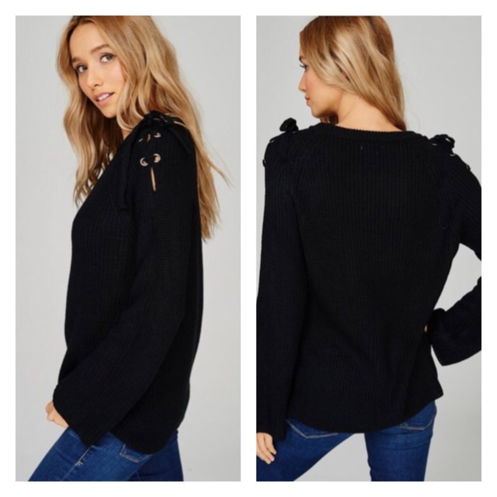 Black Cold Shoulder lace up sweater - Picture 3 of 3